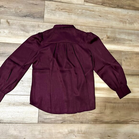 Ann Taylor Burgundy Puff Sleeve Pleated Button-Down Blouse – Size SP - Picture 6 of 16